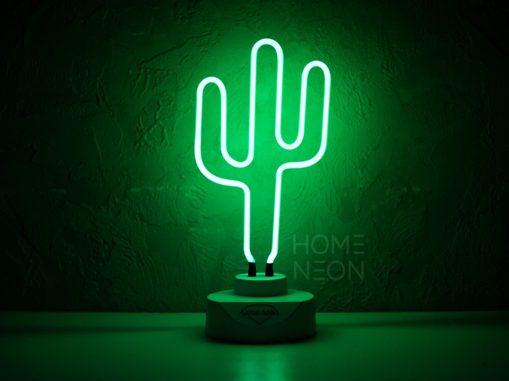Зелёный кактус из неона, лампа на подставке, подарок к Новому году